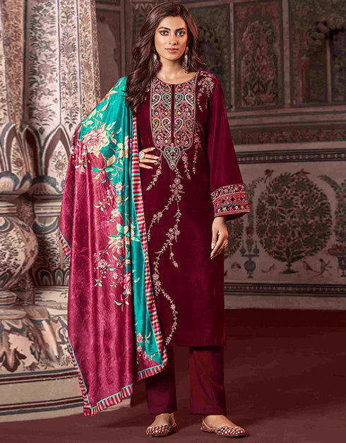 Heavy Designer Wedding Wear Velvet Salwar Suit Dark Scarlet Velvet Pant Straight Front View