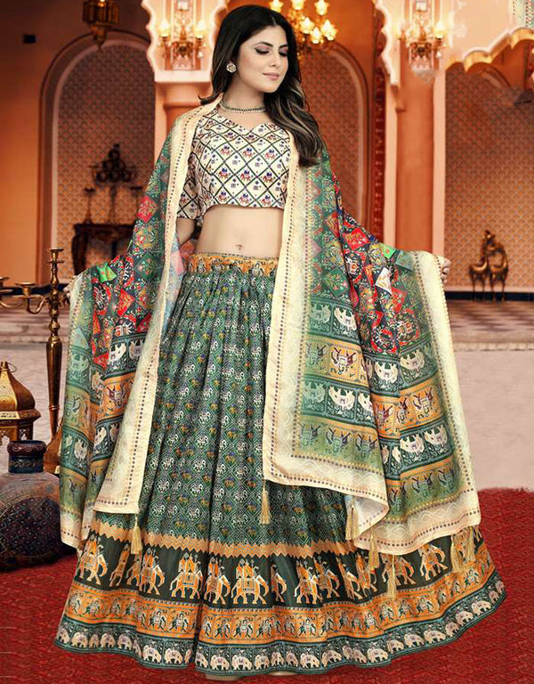 Designer Party Wear Digital Print Work Lehenga Choli Collection Buttery White Dola Silk Lehenga Choli Front View