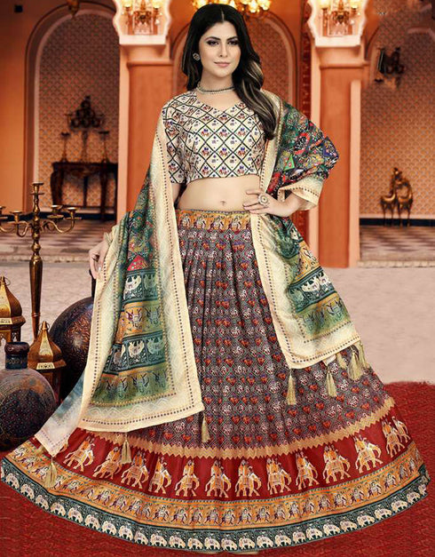 Designer Party Wear Digital Print Work Lehenga Choli Collection Buttery White Dola Silk Lehenga Choli Front View