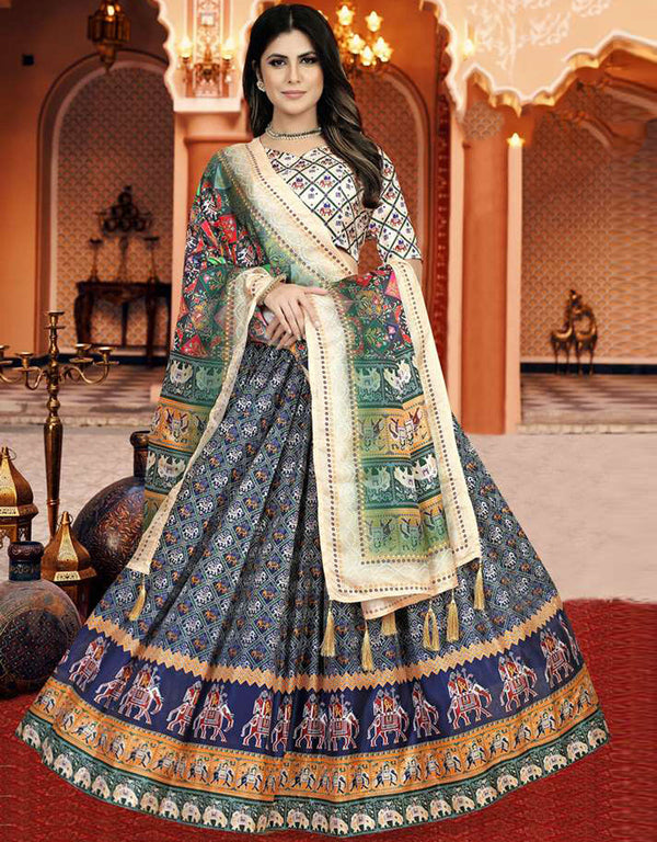 Designer Party Wear Digital Print Work Lehenga Choli Collection Buttery White Dola Silk Lehenga Choli Front View