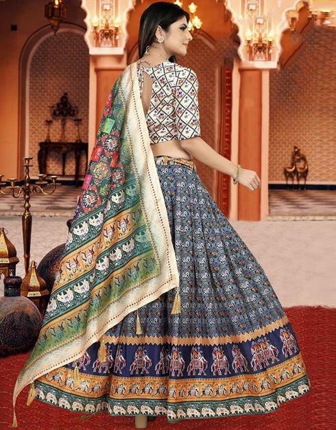 Designer Party Wear Digital Print Work Lehenga Choli Collection Buttery White Dola Silk Lehenga Choli Close-up View