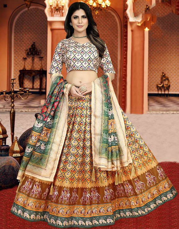 Designer Party Wear Digital Print Work Lehenga Choli Collection Buttery White Dola Silk Lehenga Choli Front View