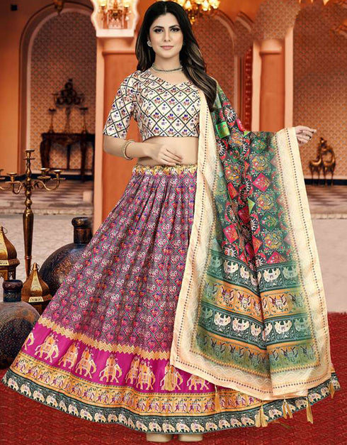 Designer Party Wear Digital Print Work Lehenga Choli Collection Buttery White Dola Silk Lehenga Choli Front View