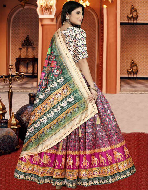 Designer Party Wear Digital Print Work Lehenga Choli Collection Buttery White Dola Silk Lehenga Choli Close-up View