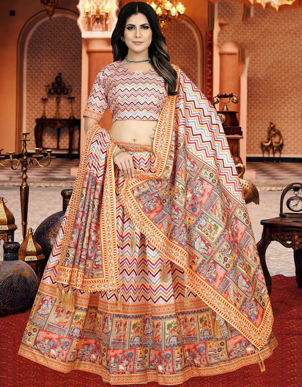 Designer Party Wear Digital Print Work Lehenga Choli Collection Multi Dola Silk Lehenga Choli Front View