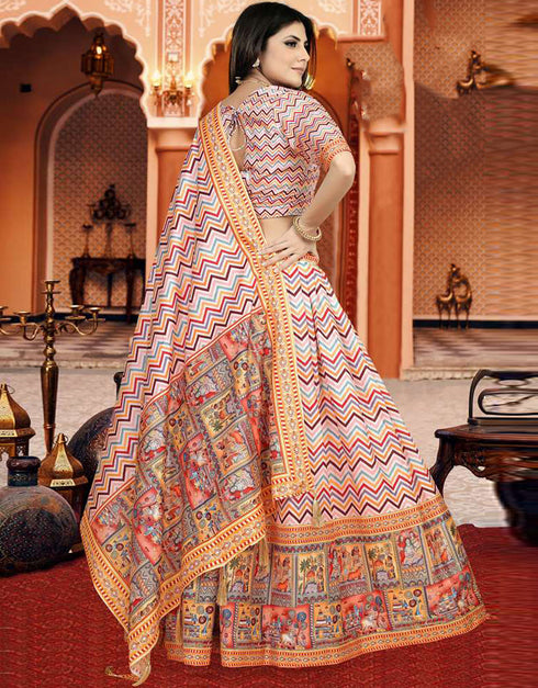 Designer Party Wear Digital Print Work Lehenga Choli Collection Multi Dola Silk Lehenga Choli Close-up View