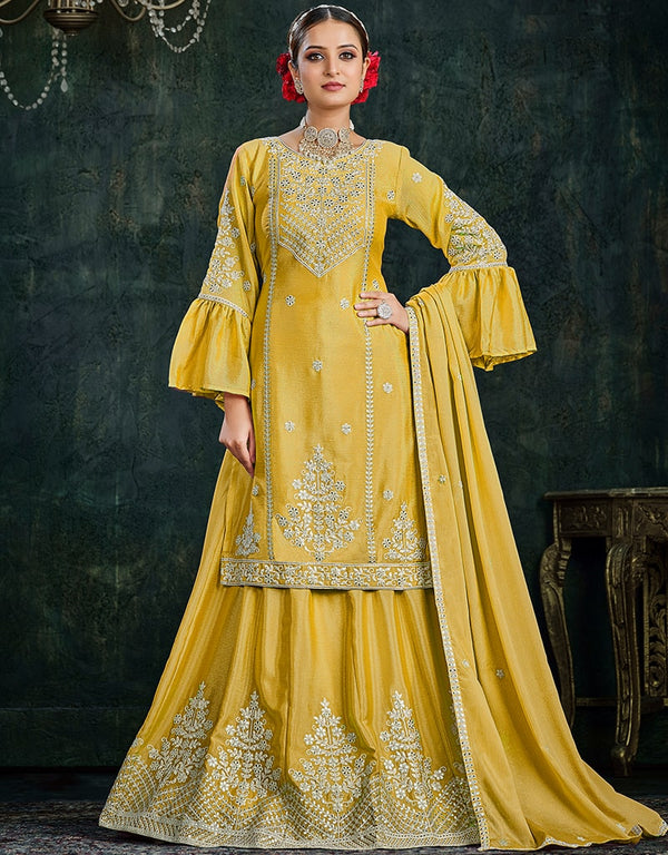 Indian Yellow Chinnon Lehenga Suit