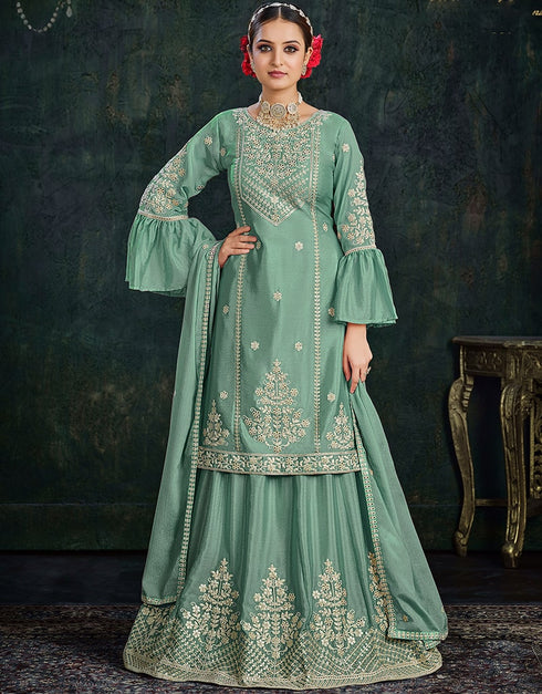 Summer Green Chinnon Lehenga Suit Closure View