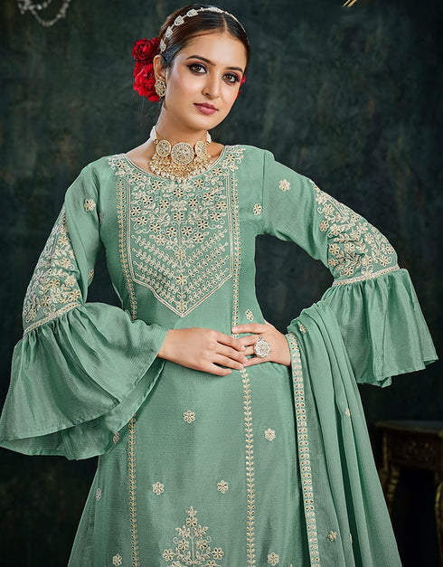 Summer Green Chinnon Lehenga Suit Back View