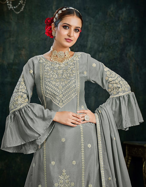 Cool Grey Chinnon Lehenga Suit Back View