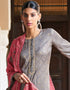 Grey Pant style Suit Pure Russian Butti Jacquard Salwar Kameez in Jacquard Print, Embroidery & Lace Work Closure View Embroidery