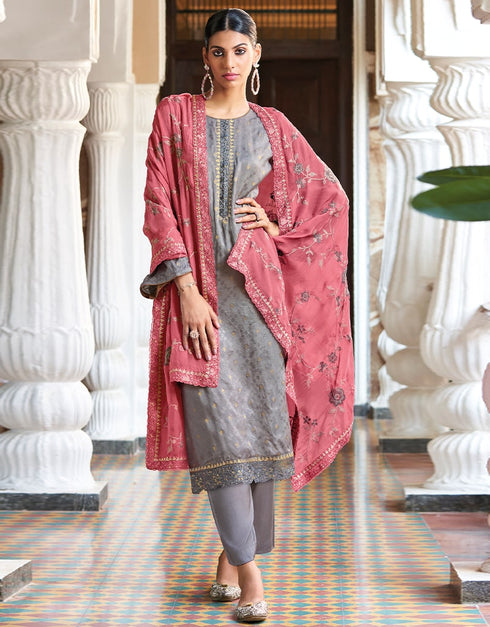 Grey Pant style Suit Pure Russian Butti Jacquard Salwar Kameez in Jacquard Print, Embroidery & Lace Work