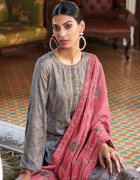 Grey Pant style Suit Pure Russian Butti Jacquard Salwar Kameez in Jacquard Print, Embroidery & Lace Work Closure View Embroidery Back side View