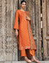 Orange Pant style Suit Pure Russian Butti Jacquard Salwar Kameez in Jacquard Print, Embroidery & Lace Work Closure View