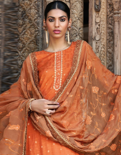 Orange Pant style Suit Pure Russian Butti Jacquard Salwar Kameez in Jacquard Print, Embroidery & Lace Work Closure View Embroidery