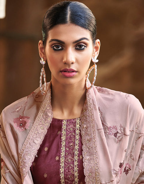 Light Wine Pant style Suit Pure Russian Butti Jacquard Salwar Kameez in Jacquard Print, Embroidery & Lace Work Closure View Embroidery