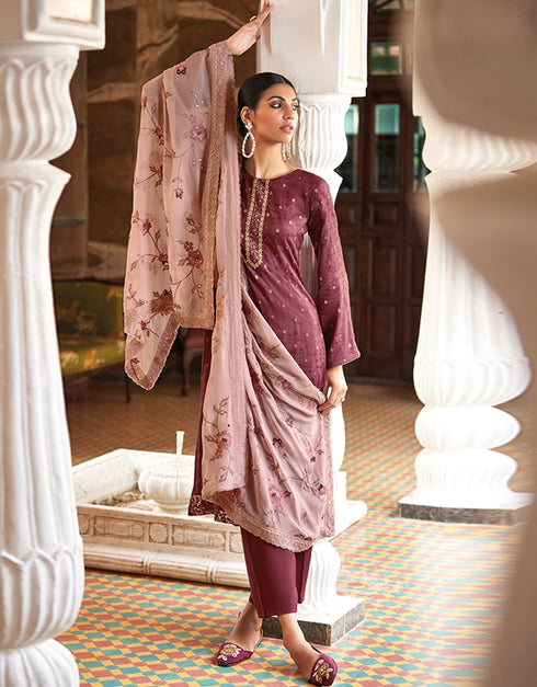 Light Wine Pant style Suit Pure Russian Butti Jacquard Salwar Kameez in Jacquard Print, Embroidery & Lace Work Closure View