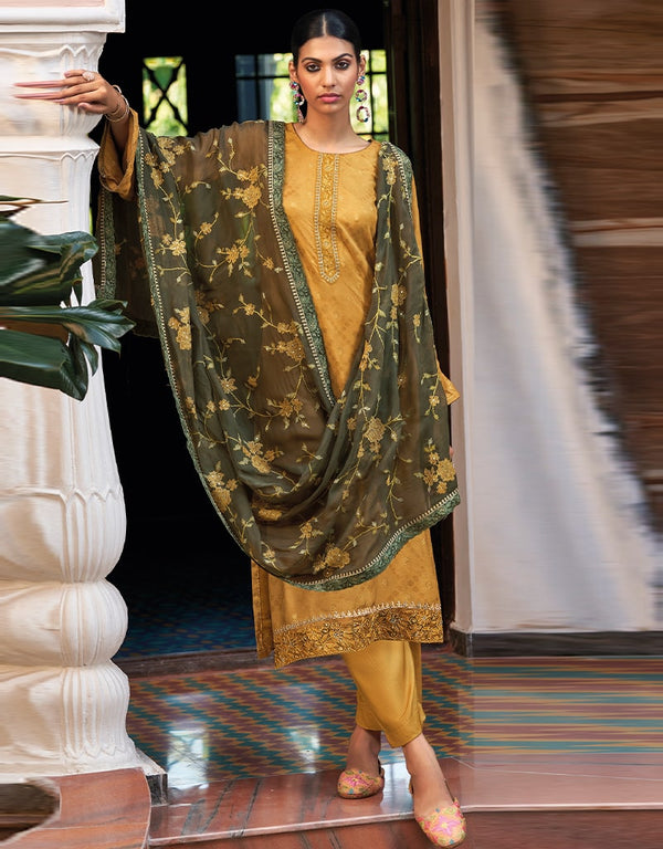 Light Mustard Yellow Pant style Suit Pure Russian Butti Jacquard Salwar Kameez in Jacquard Print, Embroidery & Lace Work
