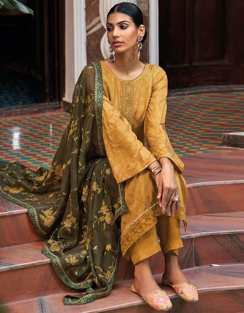 Light Mustard Yellow Pant style Suit Pure Russian Butti Jacquard Salwar Kameez in Jacquard Print, Embroidery & Lace Work Closure View