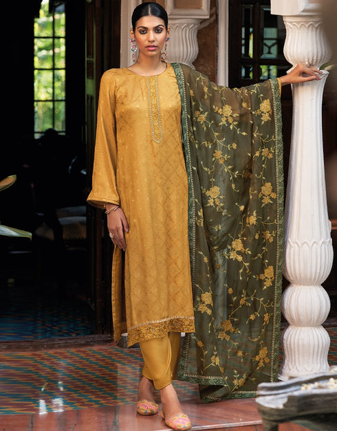 Light Mustard Yellow Pant style Suit Pure Russian Butti Jacquard Salwar Kameez in Jacquard Print, Embroidery & Lace Work Closure View Embroidery