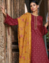 Maroon Pant style Suit Pure Russian Butti Jacquard Salwar Kameez in Jacquard Print, Embroidery & Lace Work Closure View Embroidery