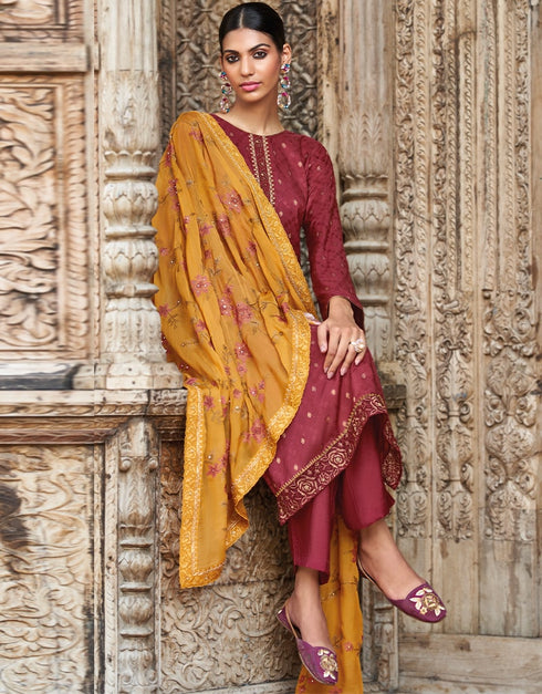 Maroon Pant style Suit Pure Russian Butti Jacquard Salwar Kameez in Jacquard Print, Embroidery & Lace Work Closure View
