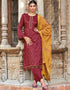 Maroon Pant style Suit Pure Russian Butti Jacquard Salwar Kameez in Jacquard Print, Embroidery & Lace Work