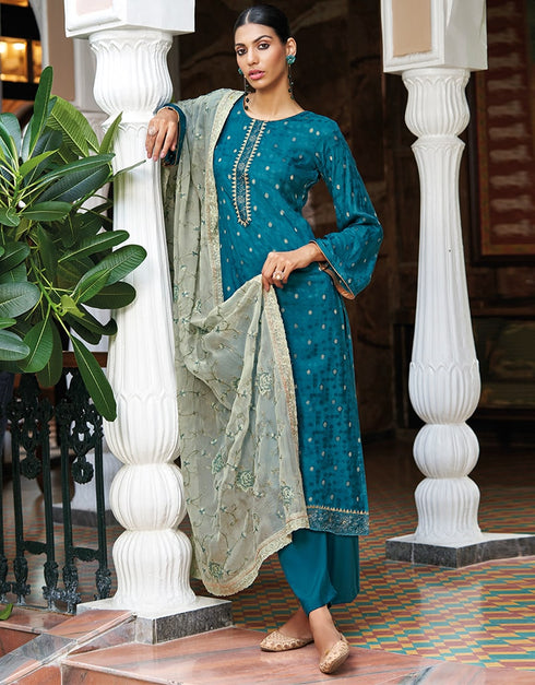 Light Blue Pant style Suit Pure Russian Butti Jacquard Salwar Kameez in Jacquard Print, Embroidery & Lace Work