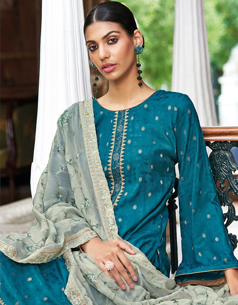 Light Blue Pant style Suit Pure Russian Butti Jacquard Salwar Kameez in Jacquard Print, Embroidery & Lace Work Closure View Embroidery