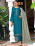 Light Blue Pant style Suit Pure Russian Butti Jacquard Salwar Kameez in Jacquard Print, Embroidery & Lace Work Closure View