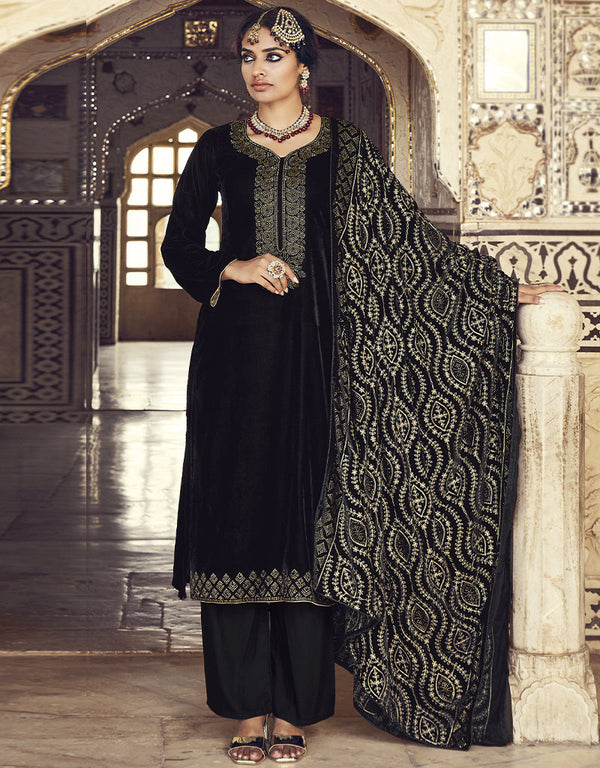 Black Pant style Suit Velvet Salwar Kameez in Embroidery, Hand Work & Lace Work