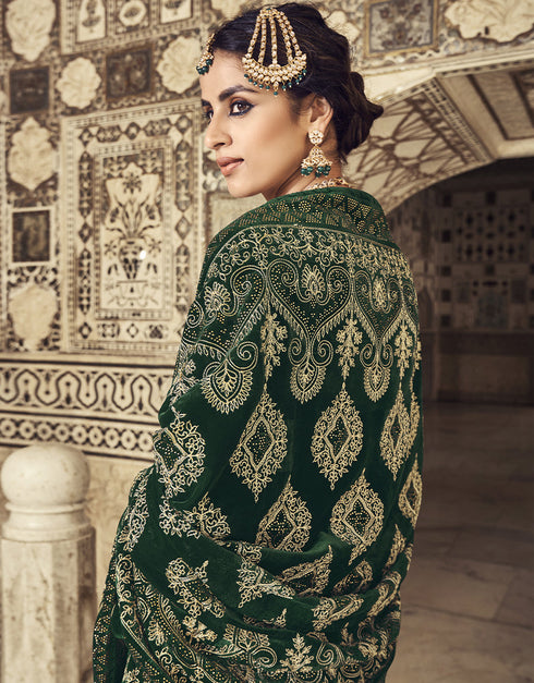 Dark Green Pant style Suit Velvet Salwar Kameez in Embroidery, Hand Work & Lace Work Closure View