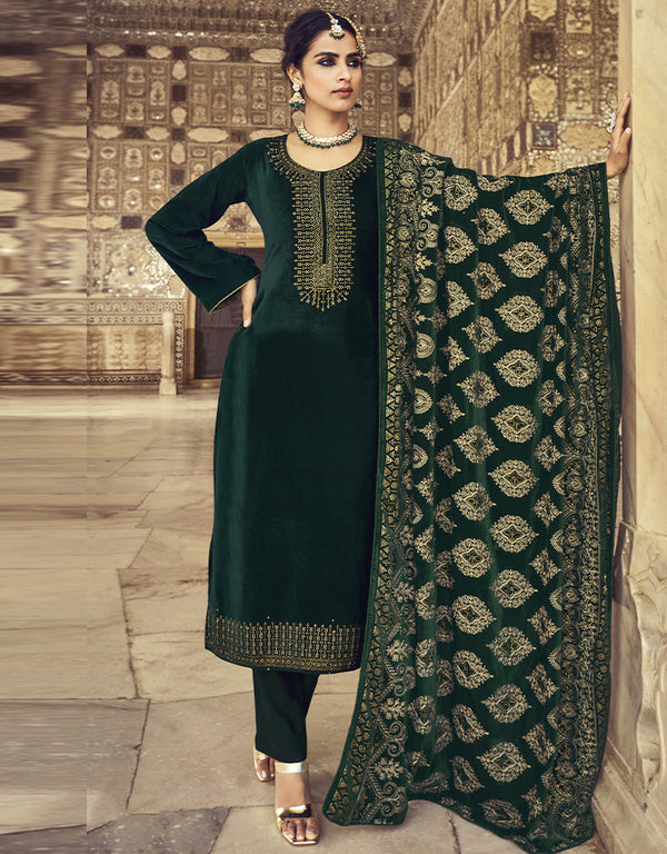 Dark Green Pant style Suit Velvet Salwar Kameez in Embroidery, Hand Work & Lace Work