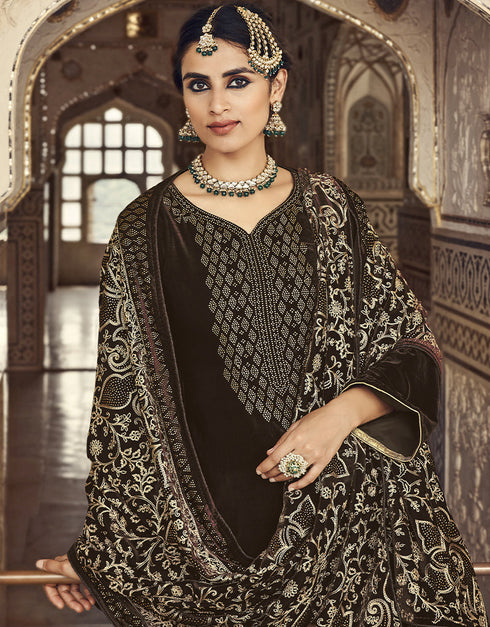 Coffee Pant style Suit Velvet Salwar Kameez in Embroidery, Hand Work & Lace Work Closure View