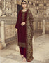 Dark Maroon Pant style Suit Velvet Salwar Kameez in Embroidery, Hand Work & Lace Work