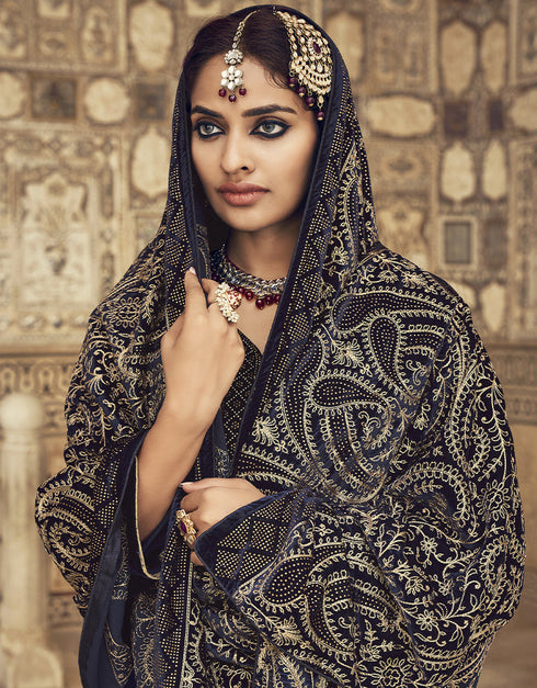 Blue Pant style Suit Velvet Salwar Kameez in Embroidery, Hand Work & Lace Work Closure View