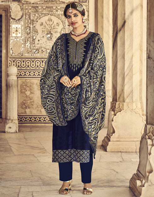 Blue Pant style Suit Velvet Salwar Kameez in Embroidery, Hand Work & Lace Work