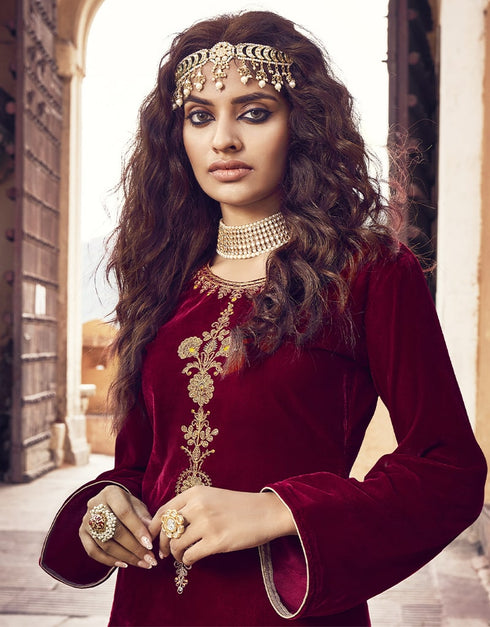 Maroon Palazzo style Suit Velvet Salwar Kameez in Digital Print, Embroidery & Lace Work Closure View