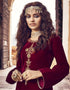 Maroon Palazzo style Suit Velvet Salwar Kameez in Digital Print, Embroidery & Lace Work Closure View