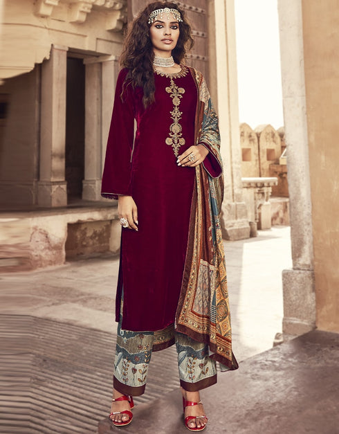 Maroon Palazzo style Suit Velvet Salwar Kameez in Digital Print, Embroidery & Lace Work