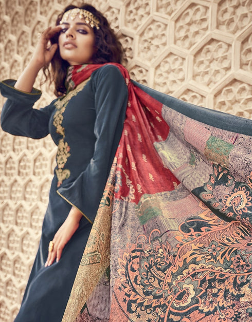 Bluish Grey Palazzo style Suit Velvet Salwar Kameez in Digital Print, Embroidery & Lace Work Closure View