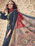 Bluish Grey Palazzo style Suit Velvet Salwar Kameez in Digital Print, Embroidery & Lace Work Closure View