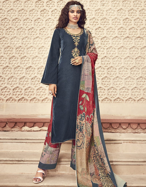 Bluish Grey Palazzo style Suit Velvet Salwar Kameez in Digital Print, Embroidery & Lace Work