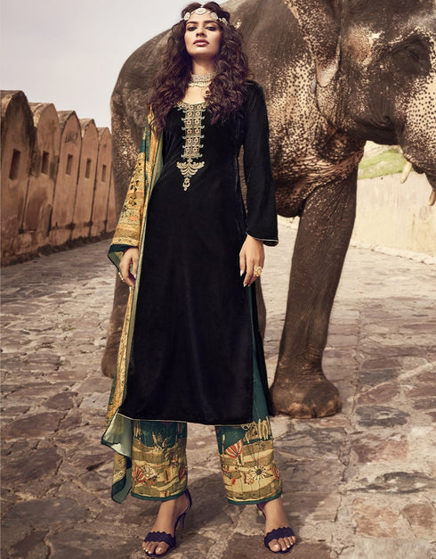 Black Palazzo style Suit Velvet Salwar Kameez in Digital Print, Embroidery & Lace Work
