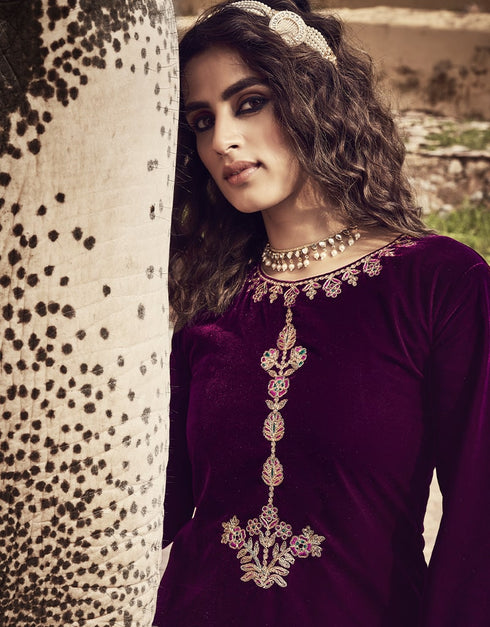 Purple Palazzo style Suit Velvet Salwar Kameez in Digital Print, Embroidery & Lace Work Closure View