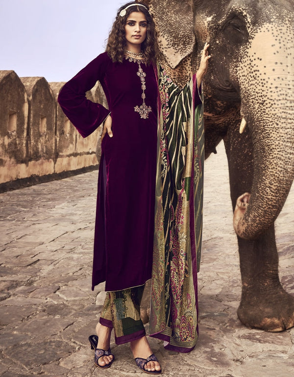 Purple Palazzo style Suit Velvet Salwar Kameez in Digital Print, Embroidery & Lace Work