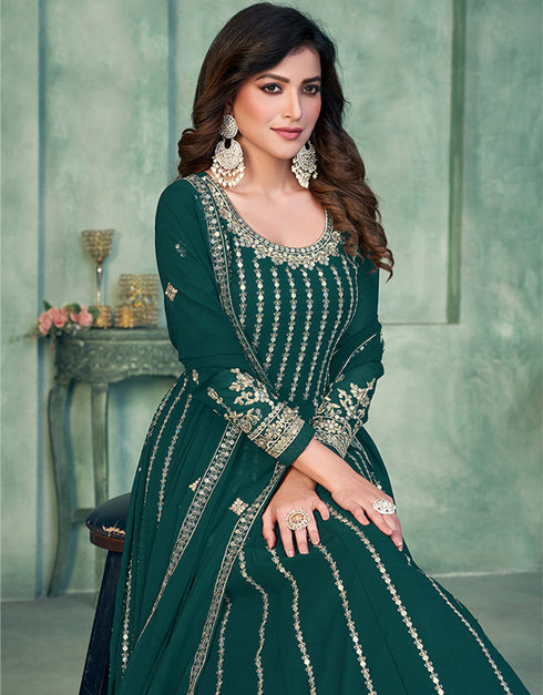 Gable Green Faux Georgette Pant Anarkali Back View