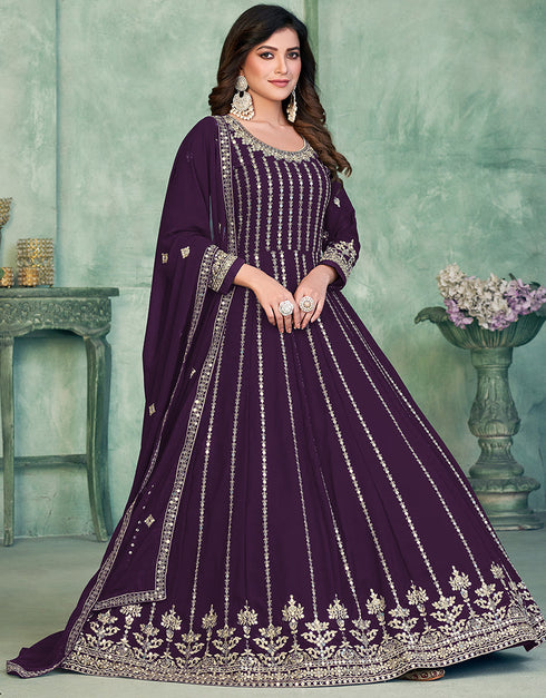 Purple Taupe Faux Georgette Pant Anarkali Closure View