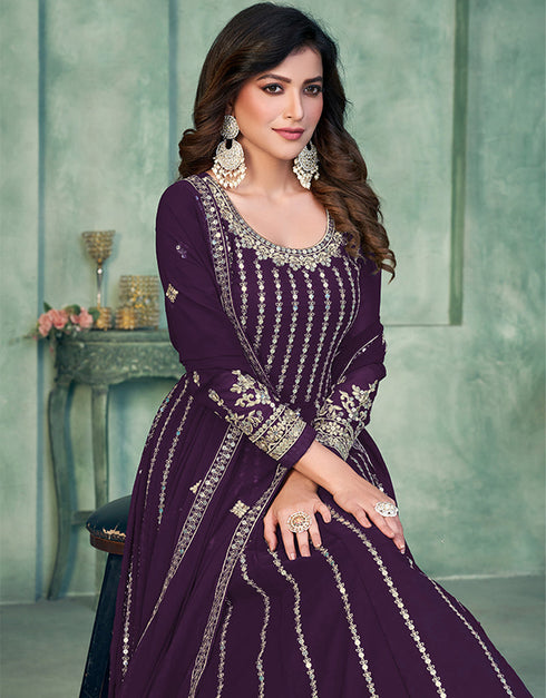 Purple Taupe Faux Georgette Pant Anarkali Back View