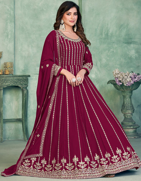 Wine Red Faux Georgette Pant Anarkali Closure View